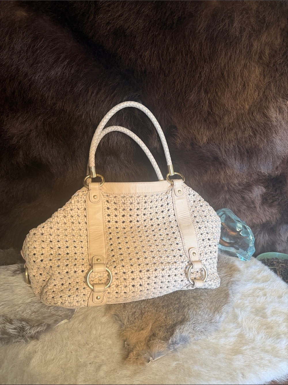 Cream Woven Leather-Trim Tote Bag (1875)